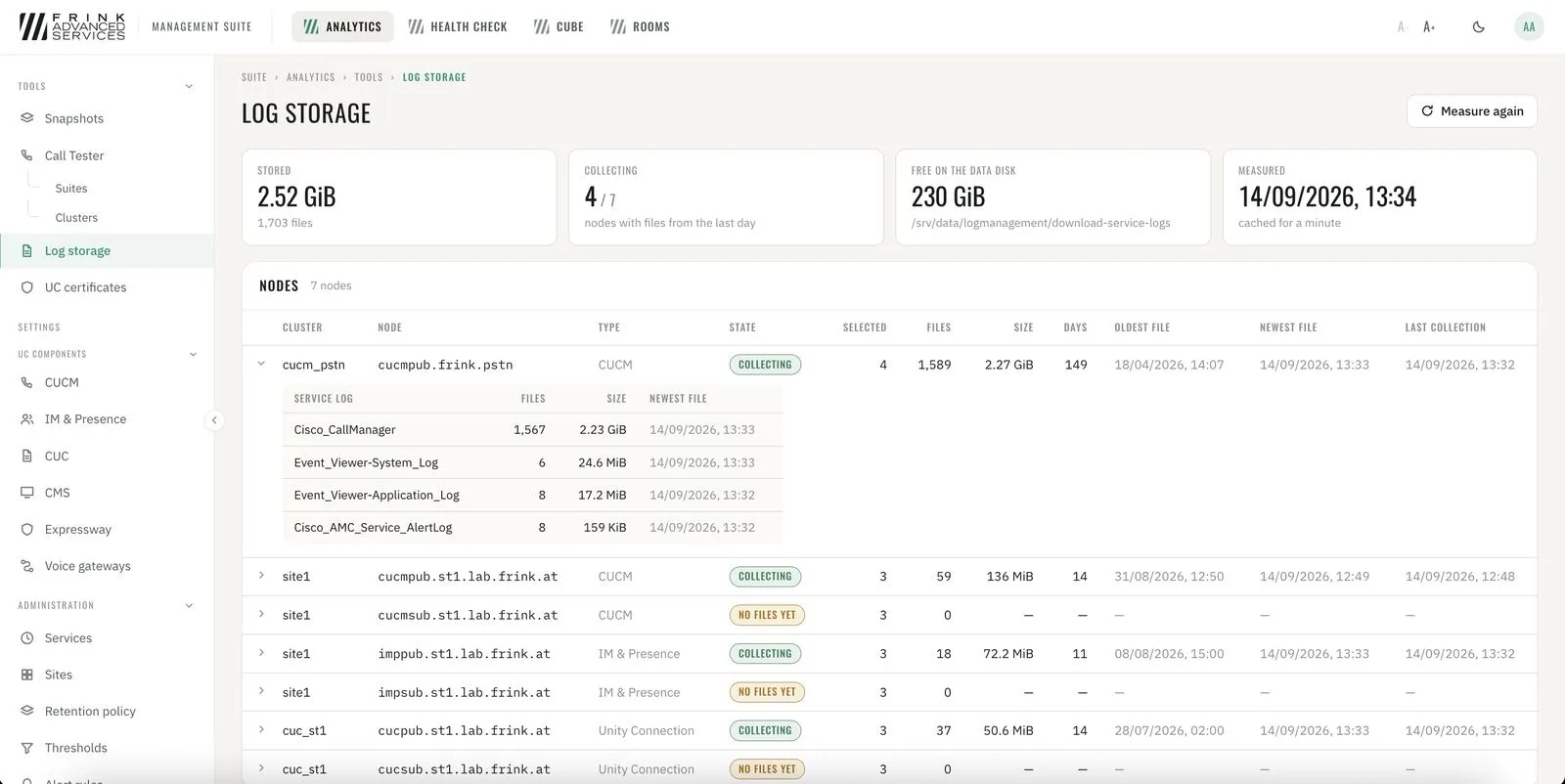 CUCM · log storage per node and service