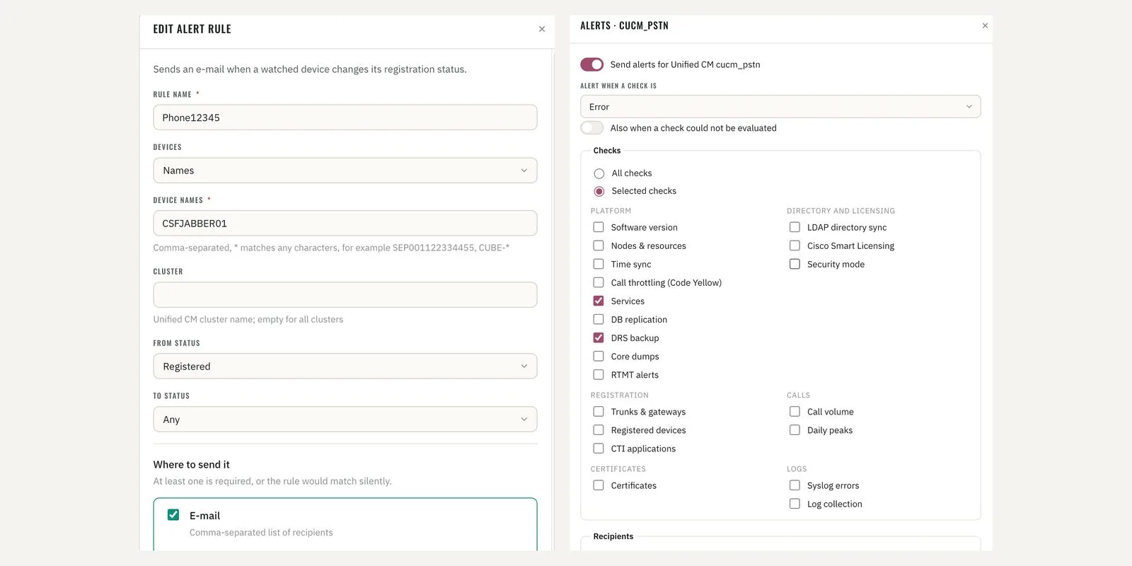 Alert rules · device registration rule and Health Check alert selection