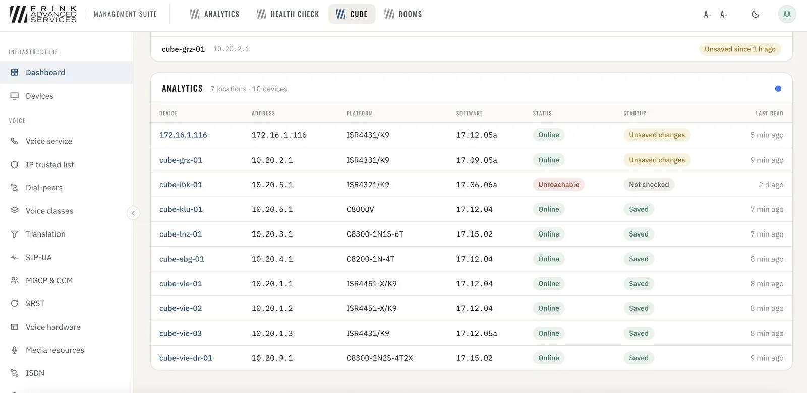 Device inventory · platform, software, reachability, saved state