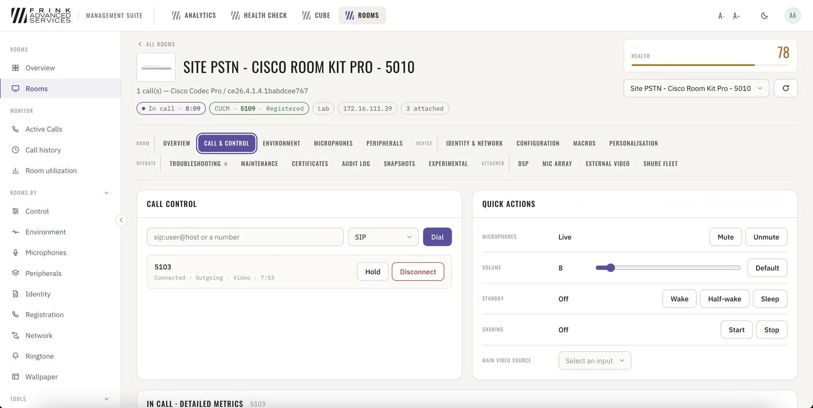 Room · call control and quick actions