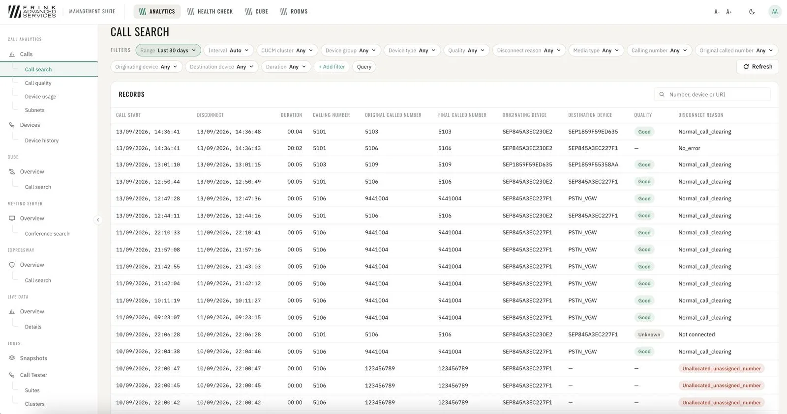 CUCM · list of calls & search