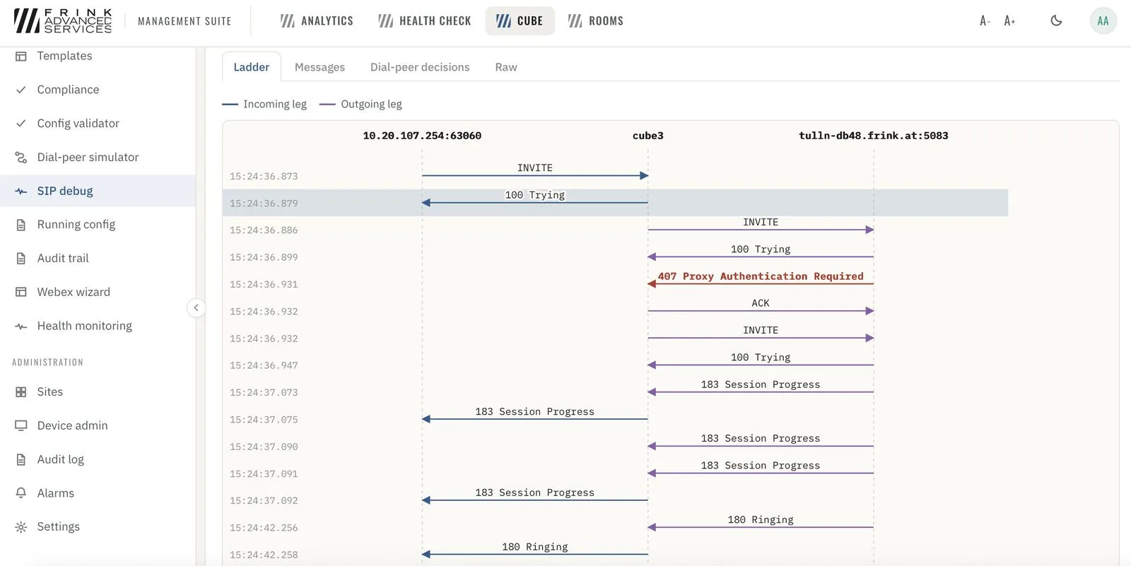 SIP debug · ladder with the 407 failure highlighted
