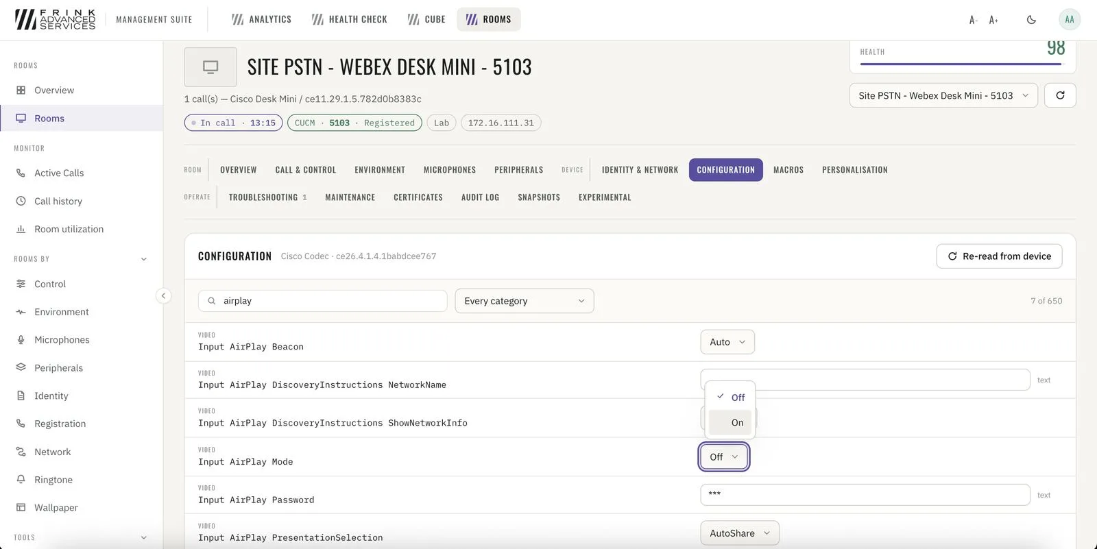 Room · full device configuration, searchable