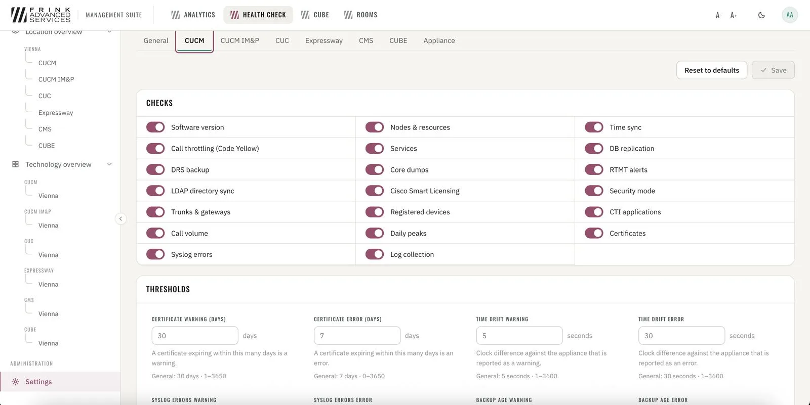 Health Check · checks and thresholds per technology