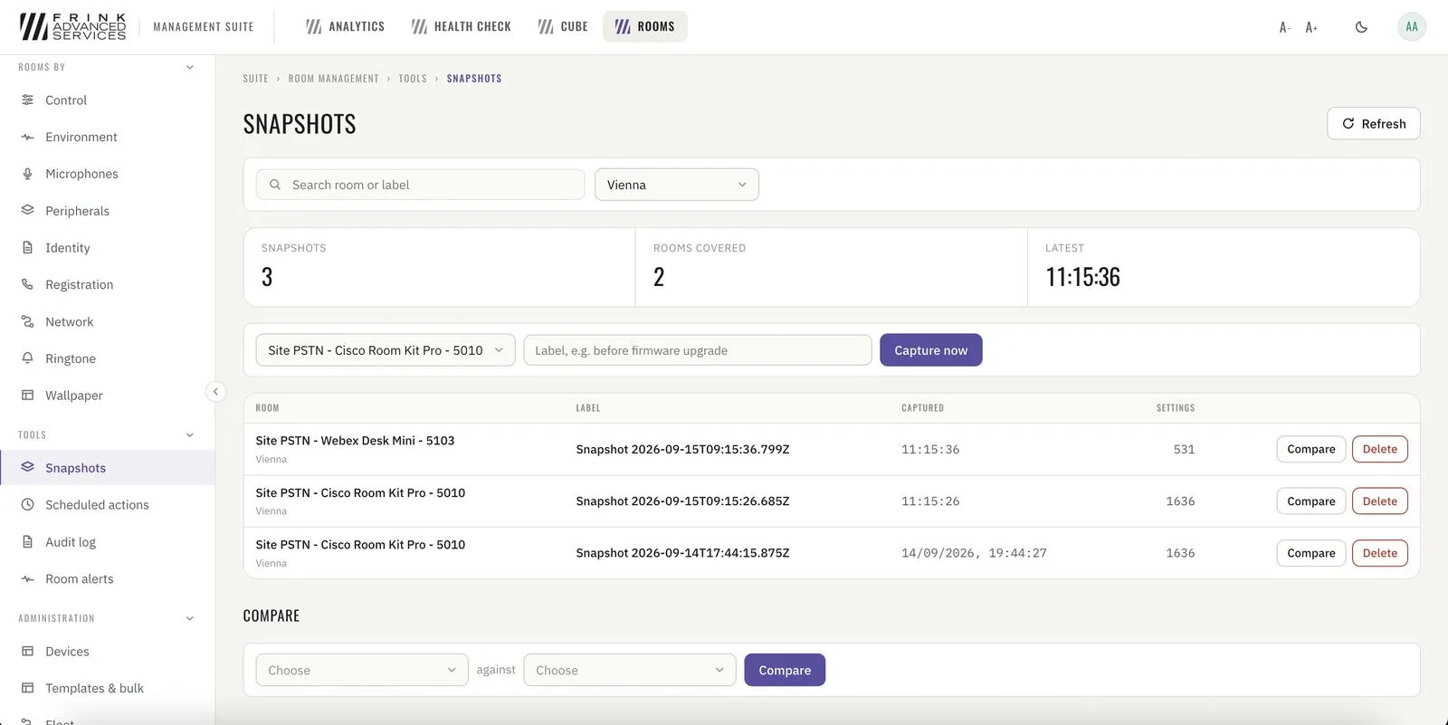Room snapshots · capture, compare per room