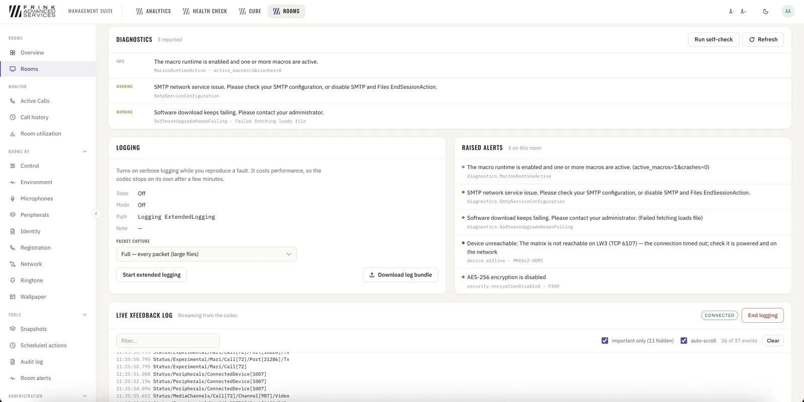 Room · diagnostics, extended logging and live xFeedback log