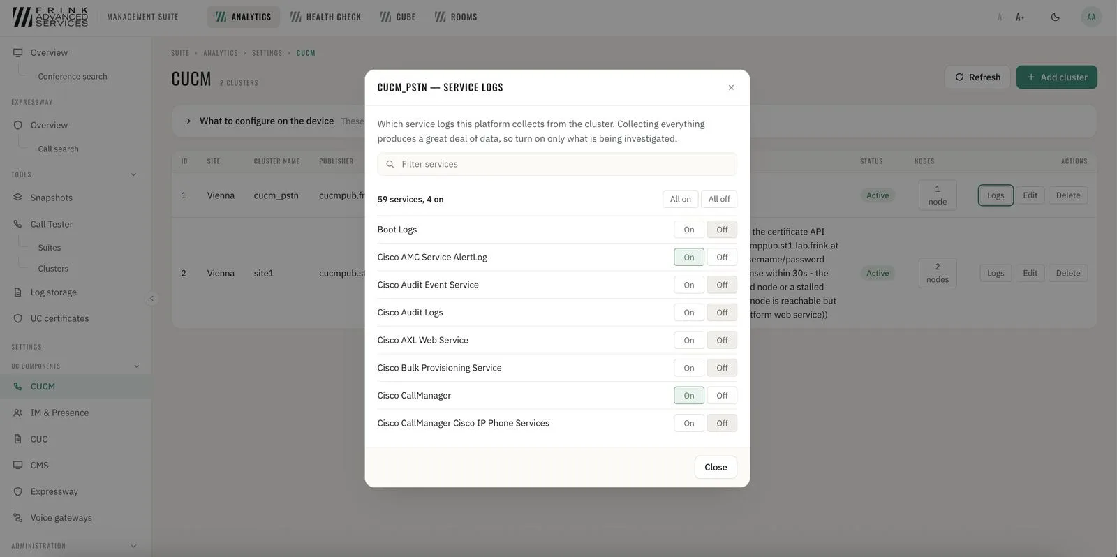 CUCM · service log selection per cluster