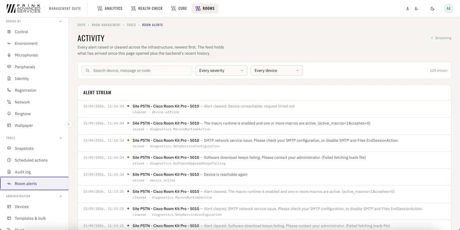Room alerts · every alert raised or cleared, live