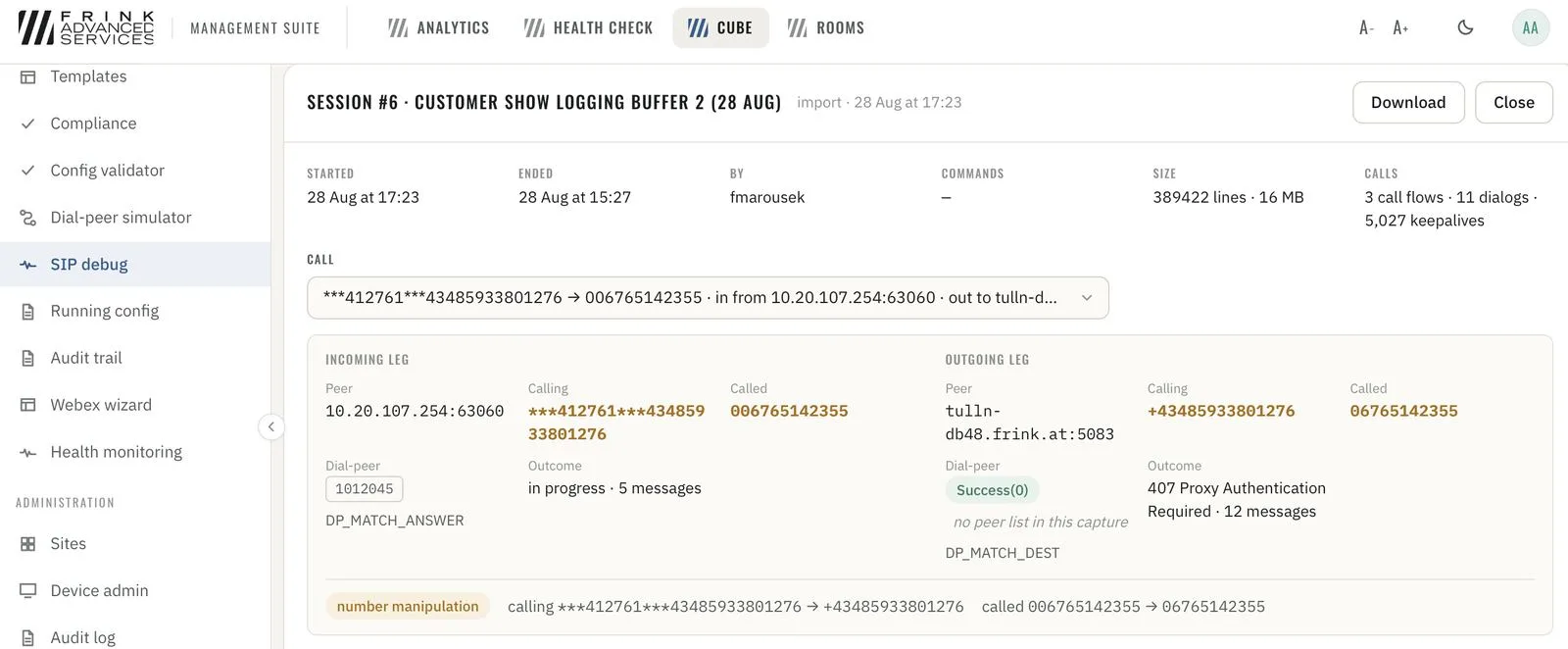 SIP debug · imported capture parsed into call flows and dial-peer decisions